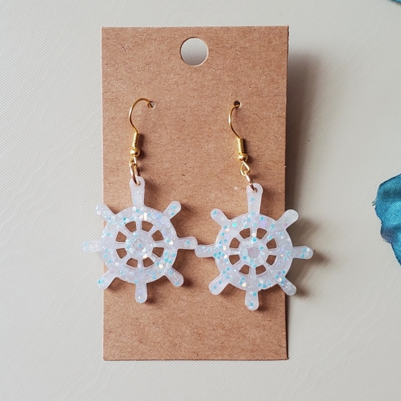 Handmade white rainbow sparkle glow in the dark nautical helm dangle earrings - Picture 2 of 8